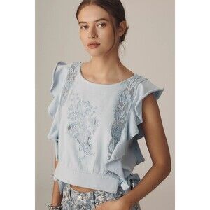 By Anthropologie Flutter-Sleeve Lace-Detail Blouse Top Floral Cotton XL 280340